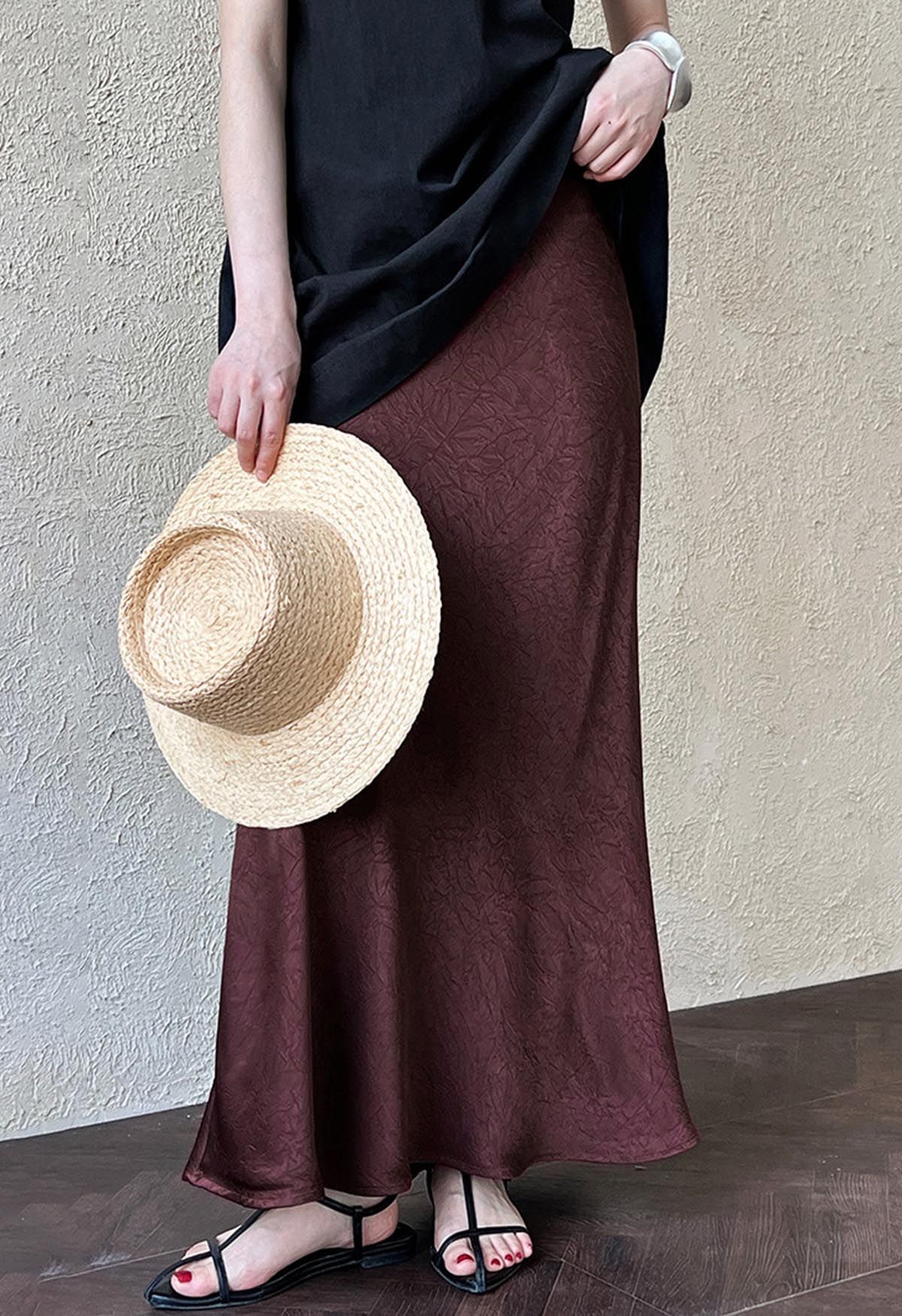 Satin Embossed Texture Mermaid Maxi Skirt in Burgundy