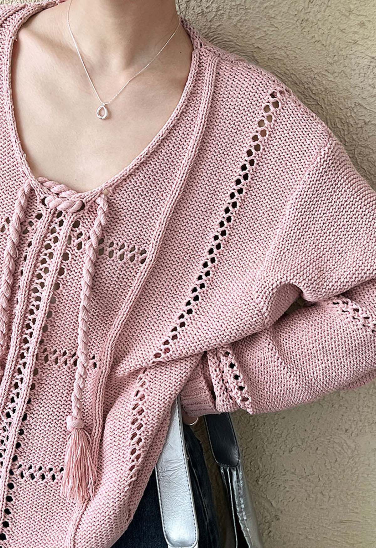 Hollow Out Tie-Neck Knit Top in Pink