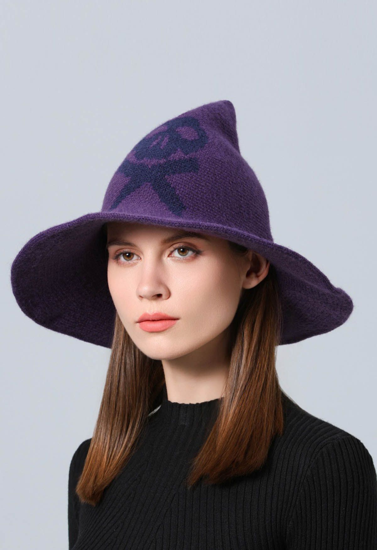 Skull Pattern Wool-Blend Witch Hat in Purple