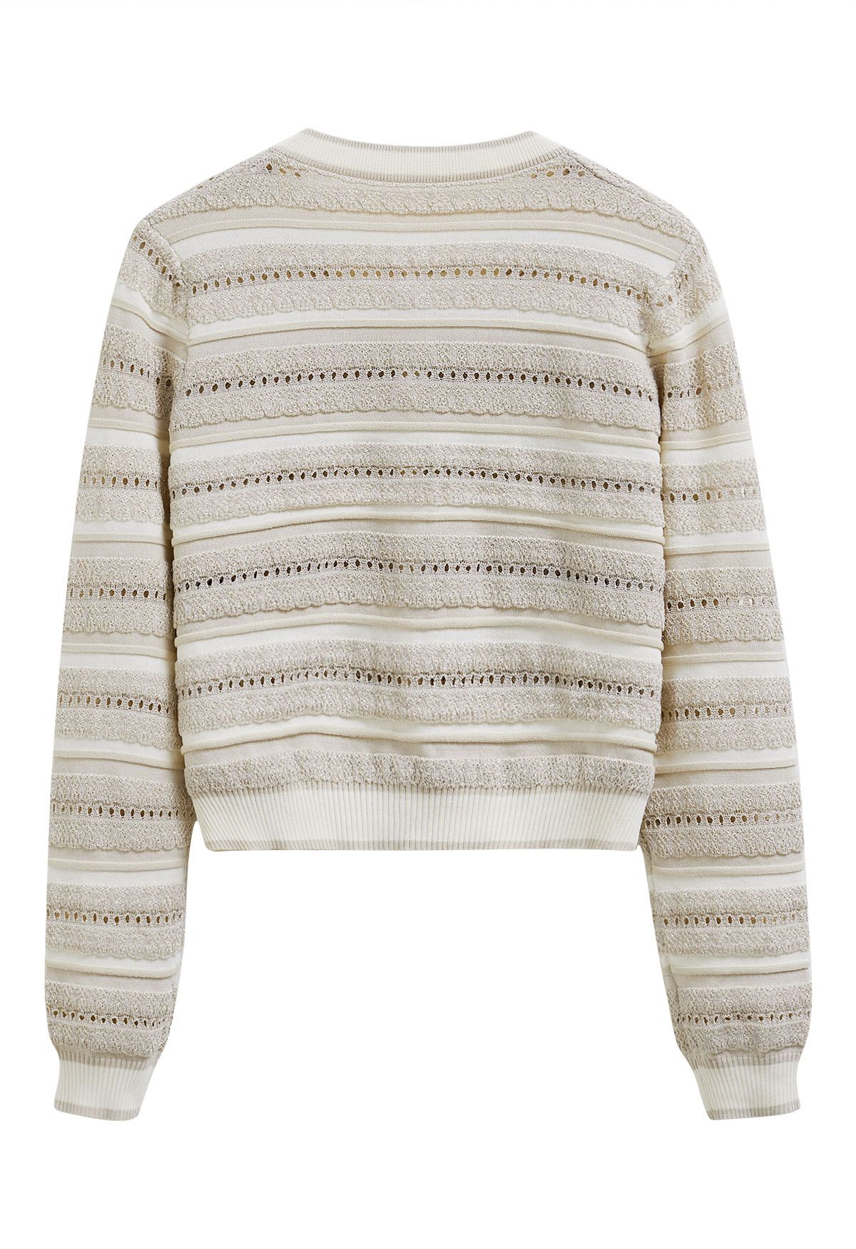 Striped Pointelle Lace Knit Button Cardigan in Oatmeal