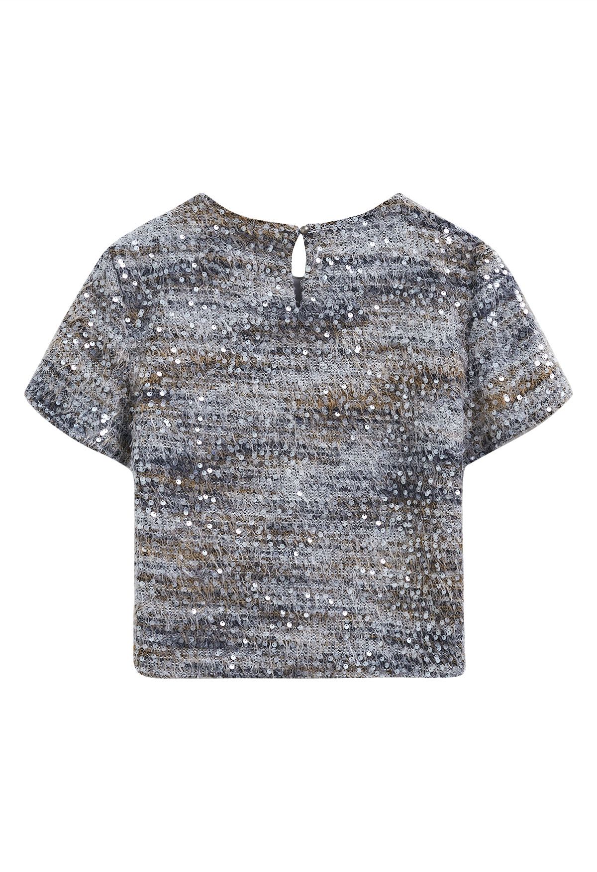 Sequin Mosaic Fuzzy Crop Top in Grey