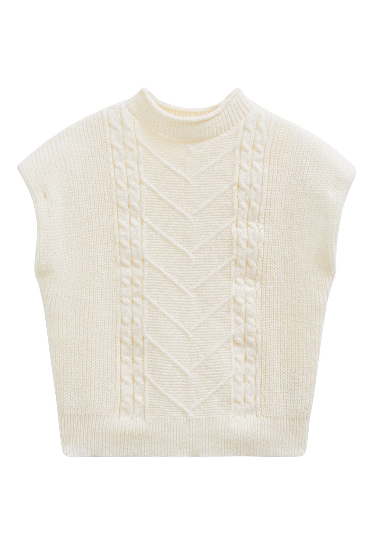 Mock Neck Padded Shoulder Cable Knit Top in Cream