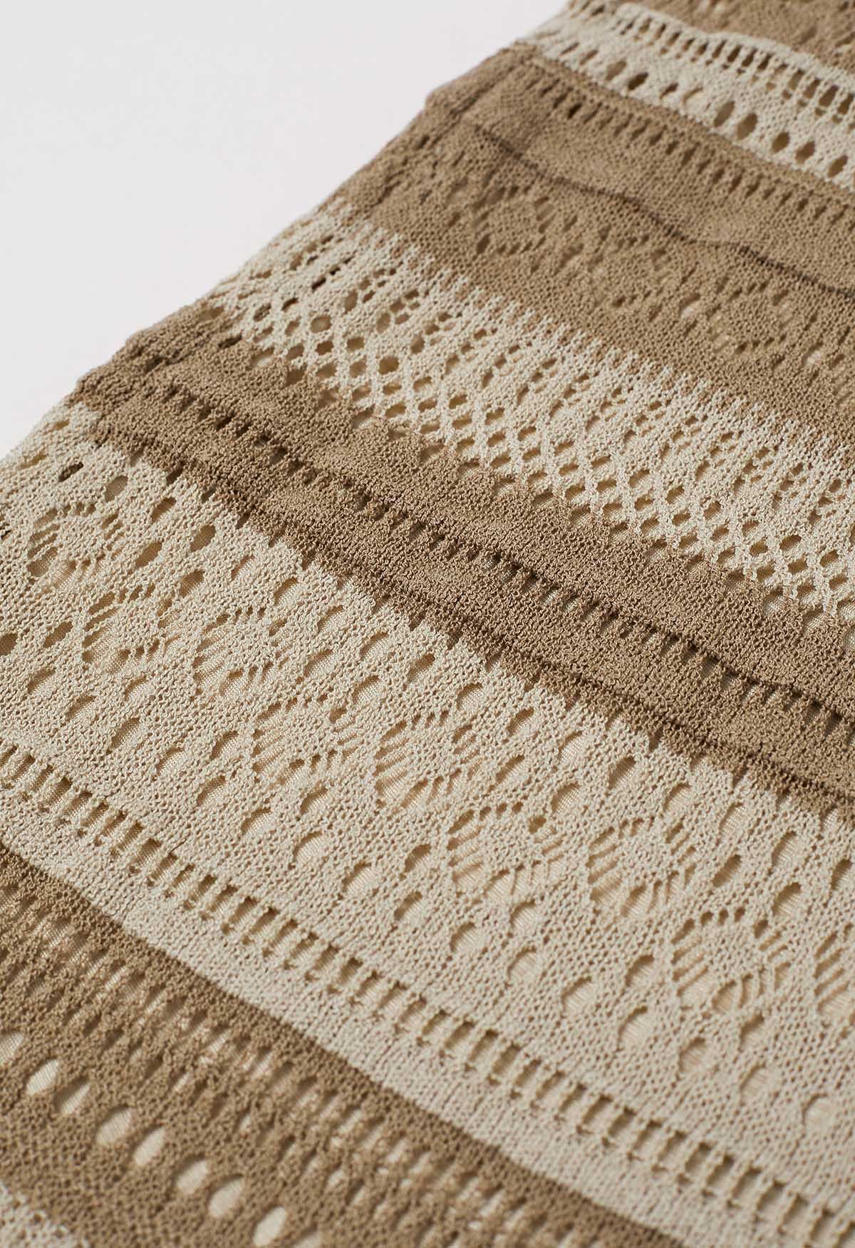 Striped Pointelle Lace Knit Midi Skirt in Oatmeal