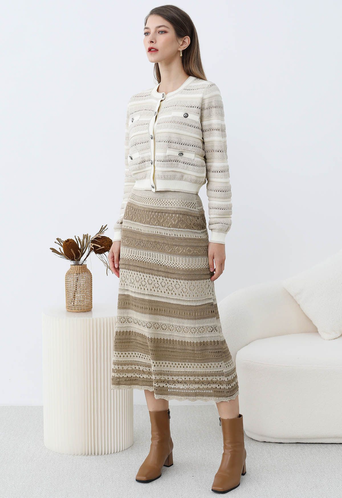 Striped Pointelle Lace Knit Midi Skirt in Oatmeal