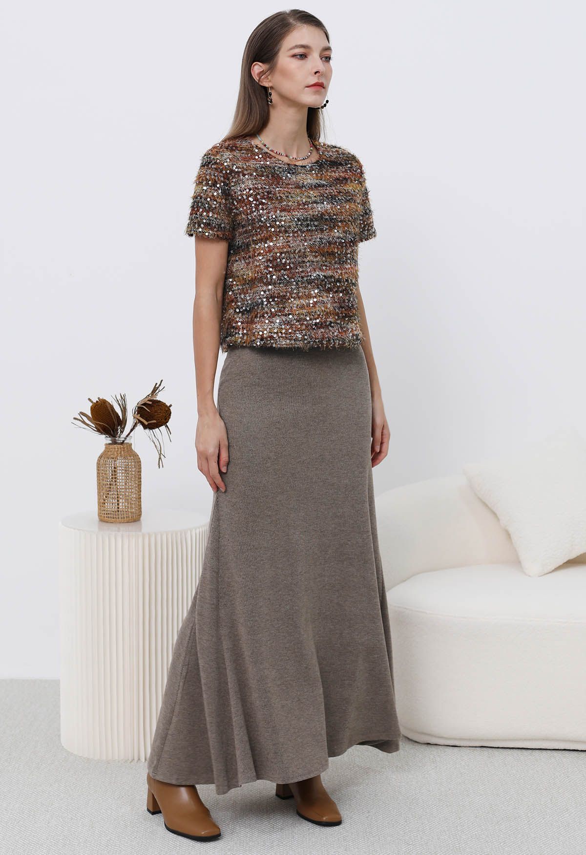 Sequin Mosaic Fuzzy Crop Top in Caramel