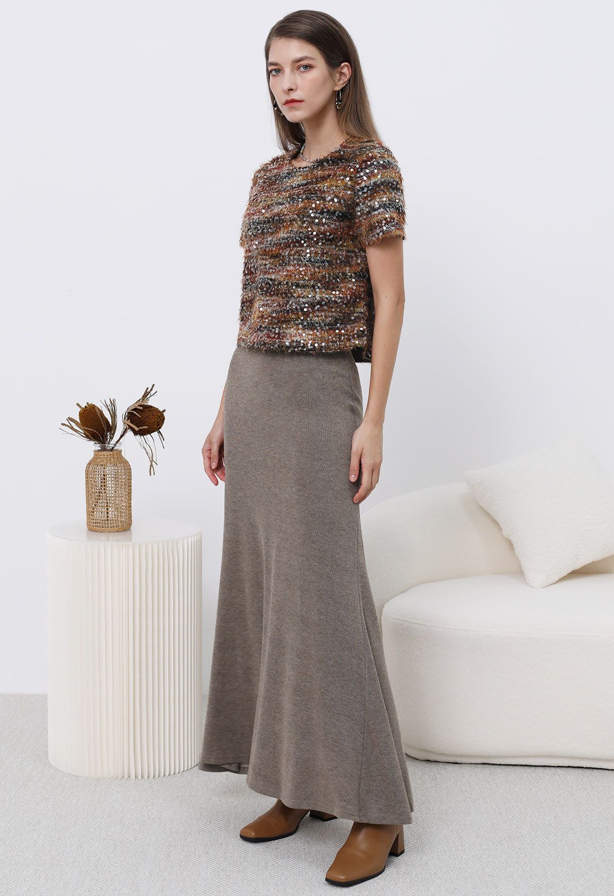 Soft Swirl Elegance Flare Maxi Skirt in Taupe