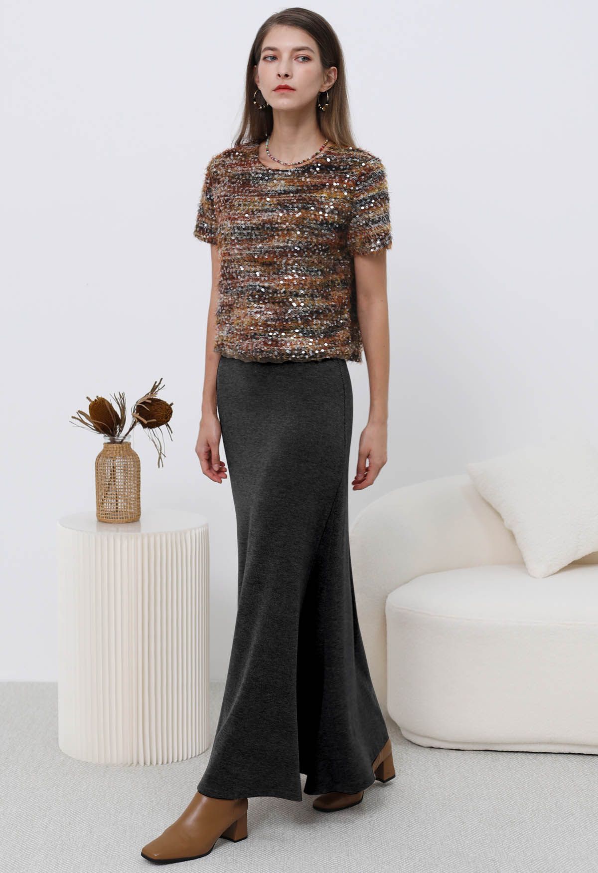 Soft Swirl Elegance Flare Maxi Skirt in Smoke