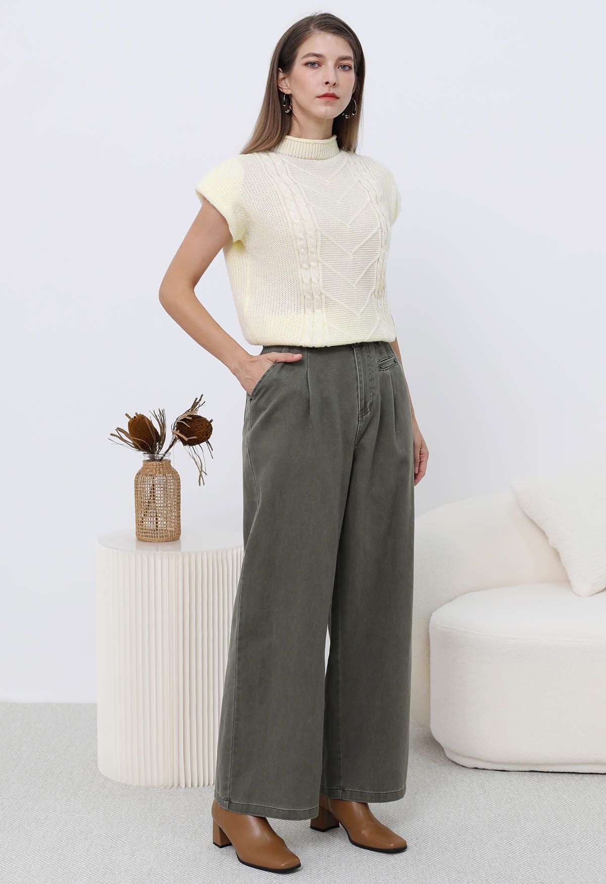 Mock Neck Padded Shoulder Cable Knit Top in Cream