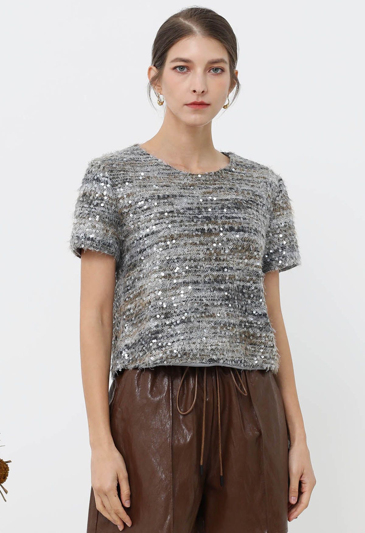 Sequin Mosaic Fuzzy Crop Top in Grey