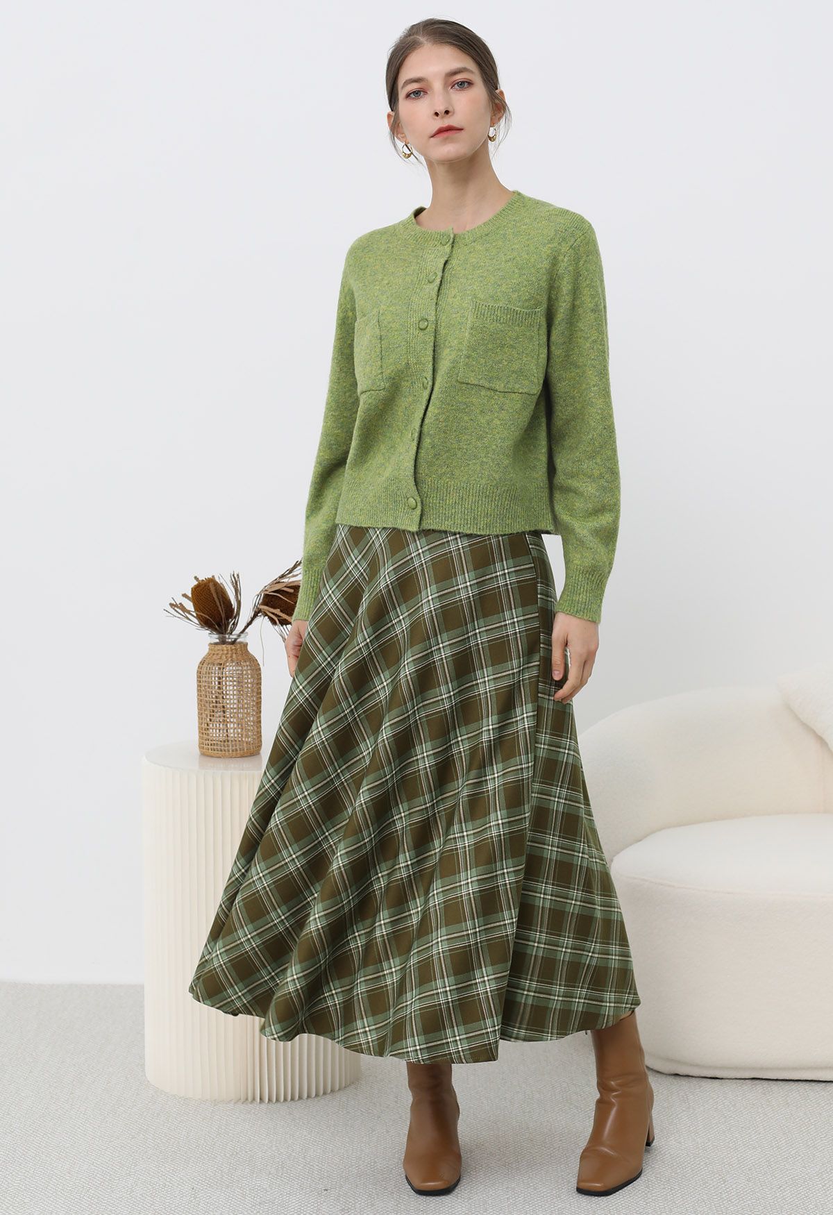 Plaid Charm Flare Midi Skirt in Army Green