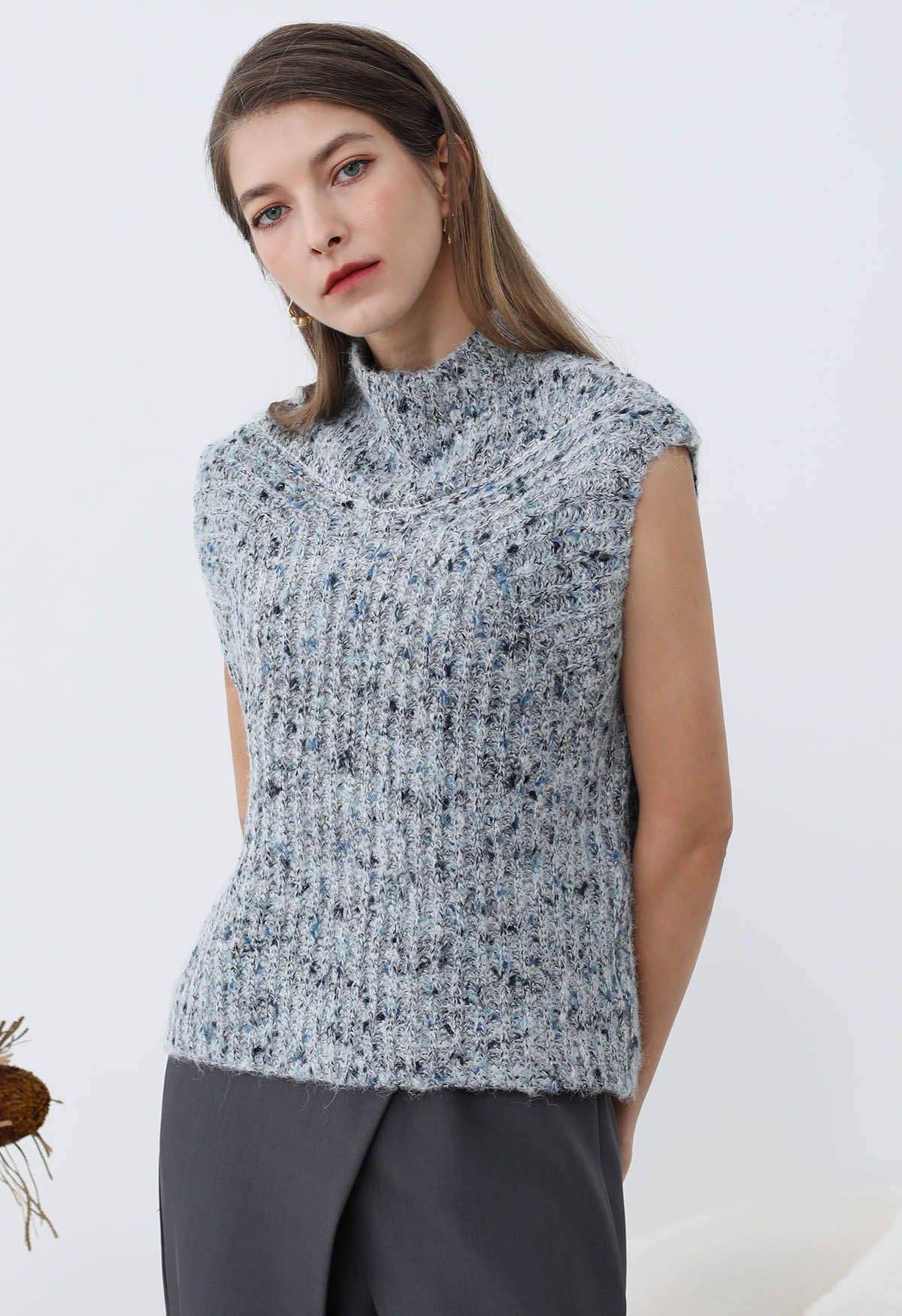 Fuzzy Mix-Knit Mock Neck Sleeveless Top in Grey