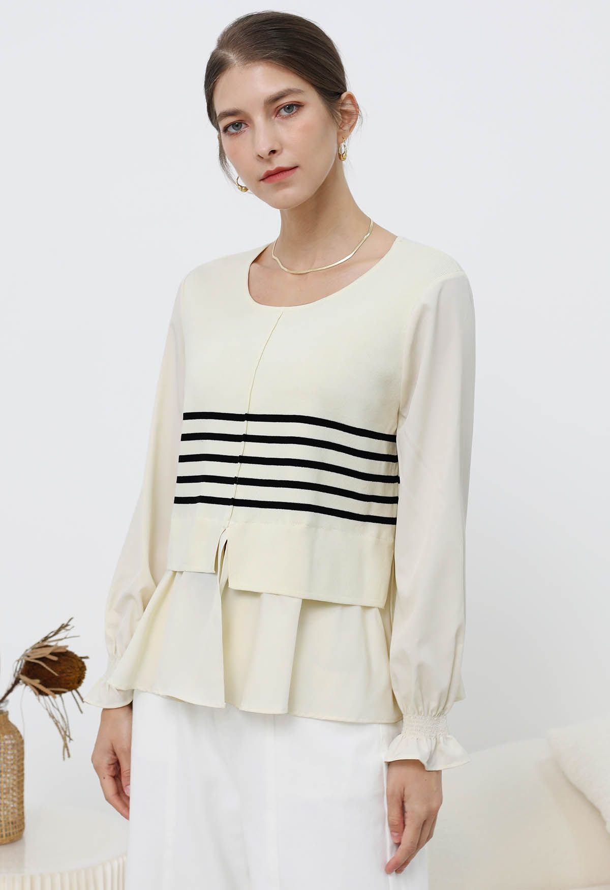 Chic Striped Knit Spliced Peplum Top in Cream