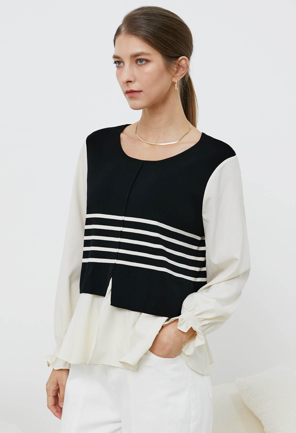 Chic Striped Knit Spliced Peplum Top in Black