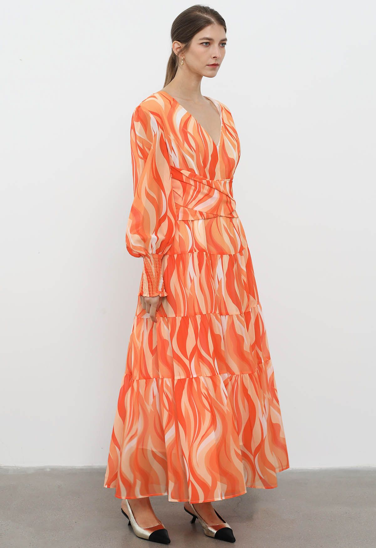 Orange Wave Crisscross Waist Chiffon Maxi Dress