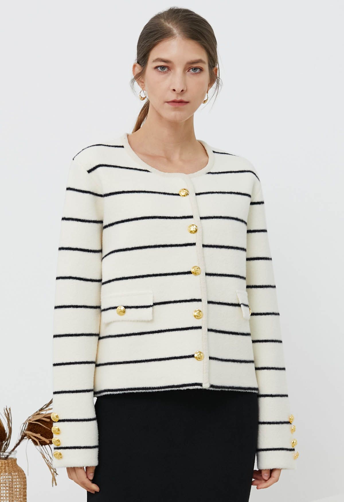 Contrast Stripes Button Down Cardigan in Ivory