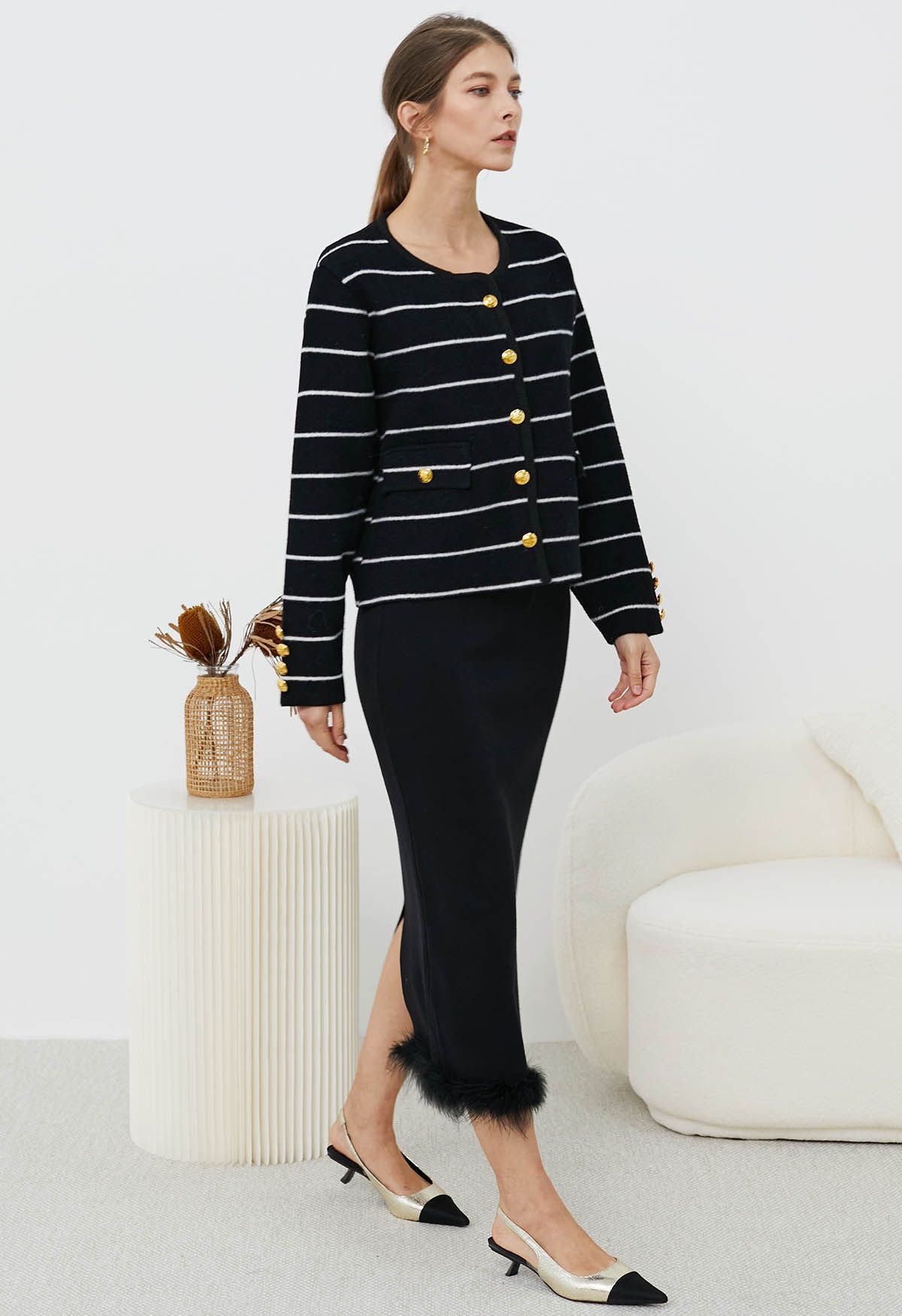 Contrast Stripes Button Down Cardigan in Black