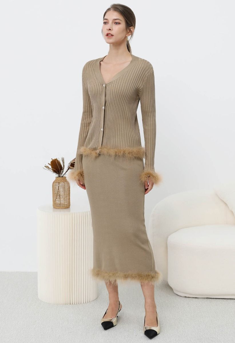 Feather Trim Button Knit Top and Midi Skirt Set in Khaki