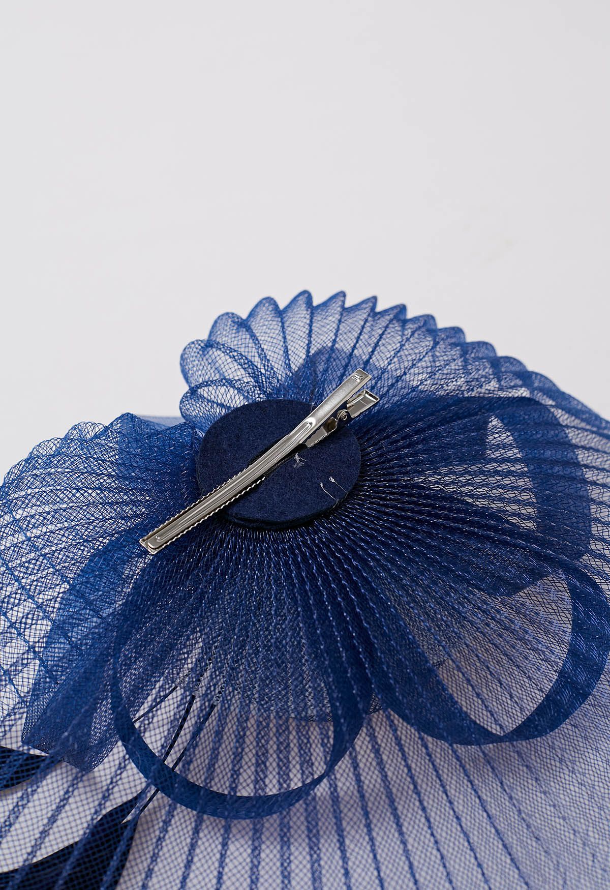 Pleated Mesh Flower Headband with Hair Clip in Navy