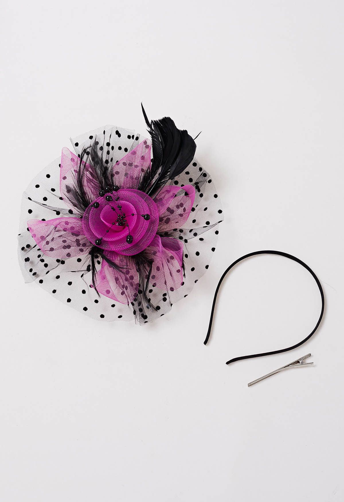 Polka Dot Mesh Headband with Hair Clip in Purple