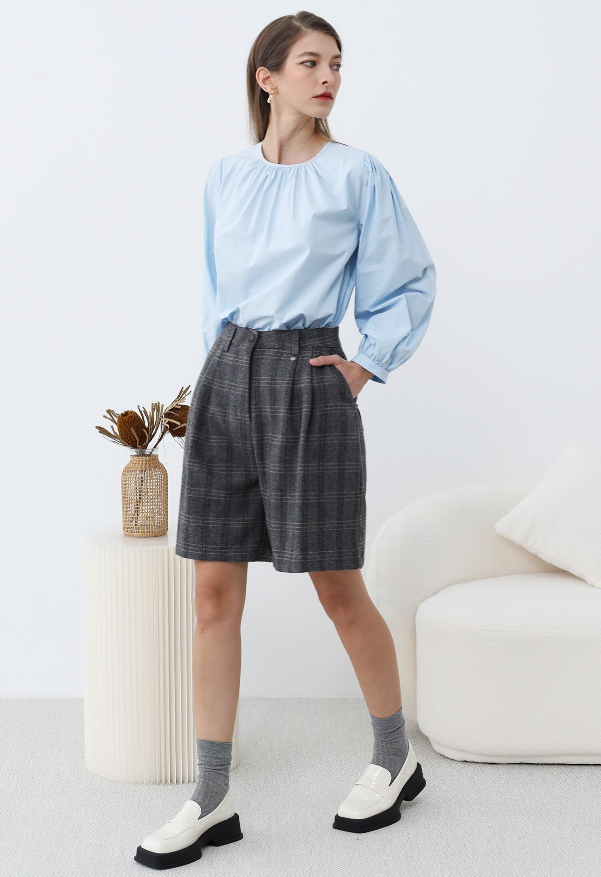 Easygoing Puff Sleeve Cotton Shirt in Sky Blue