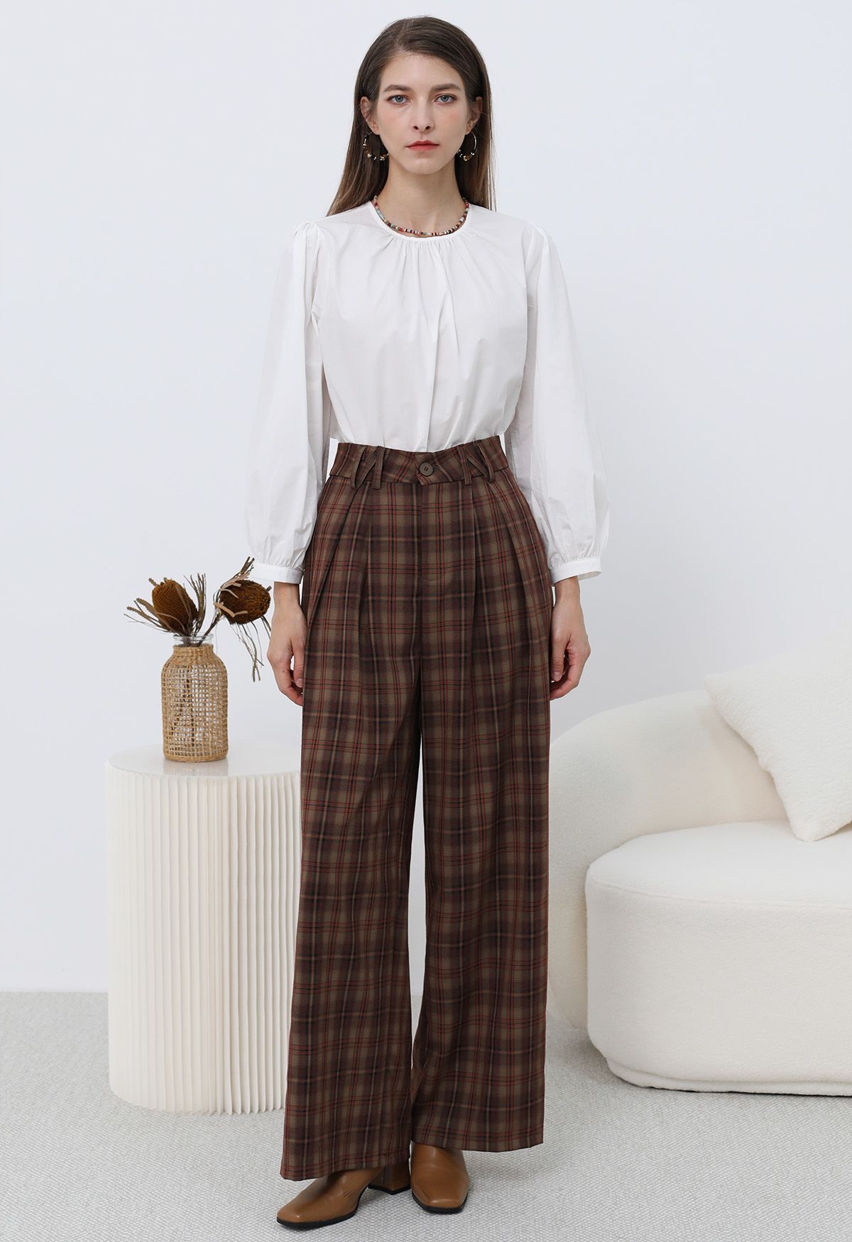 Throwback Plaid Wide-Leg Pants in Berry