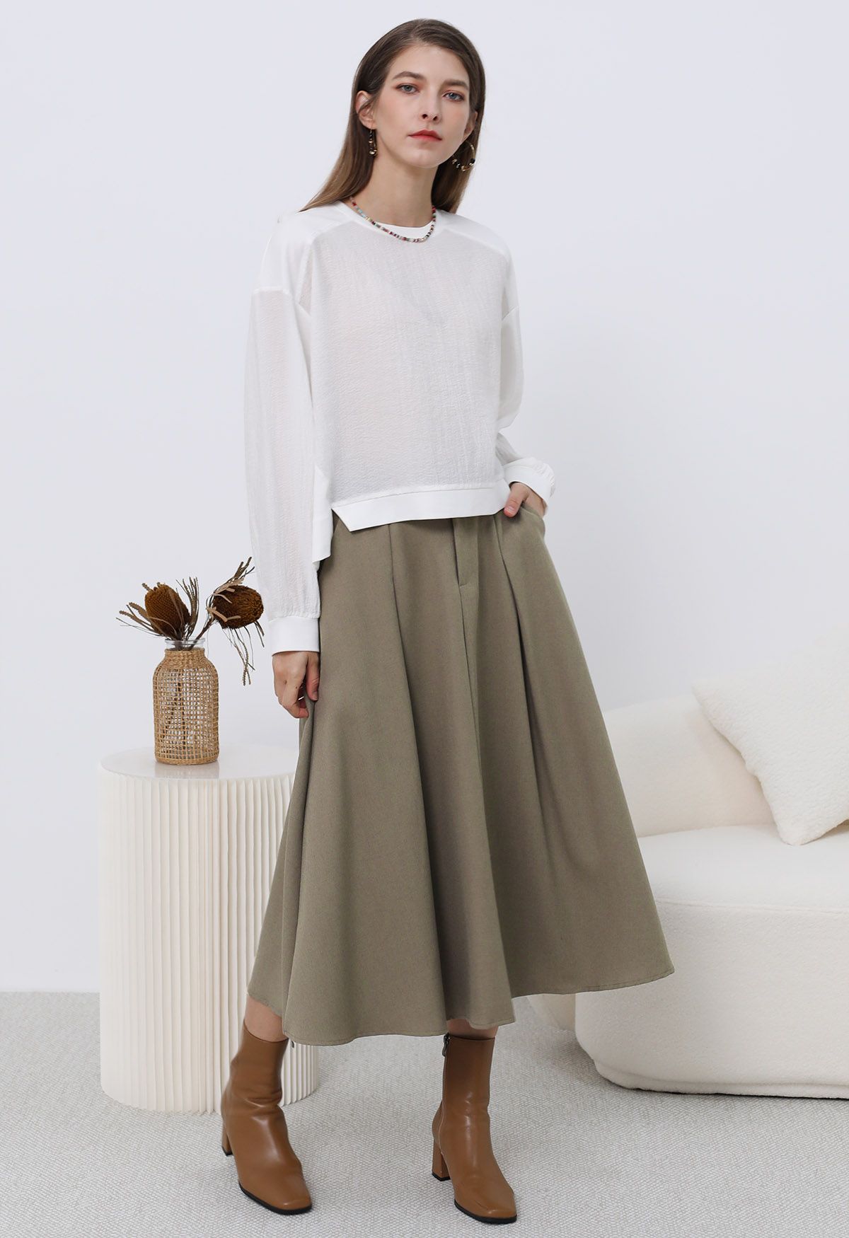 Dignified Buttons Trim A-Line Midi Skirt in Khaki