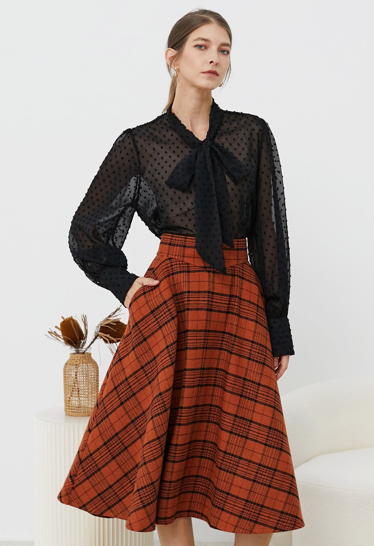 Autumnal Plaid Side Pocket Midi Skirt