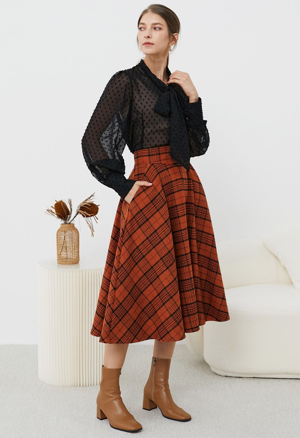 Autumnal Plaid Side Pocket Midi Skirt