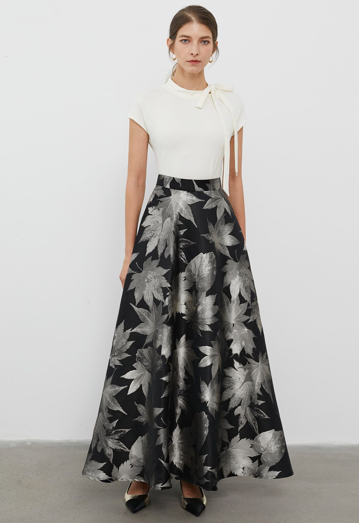 Opulent Maple Leaf Jacquard Flare Maxi Skirt