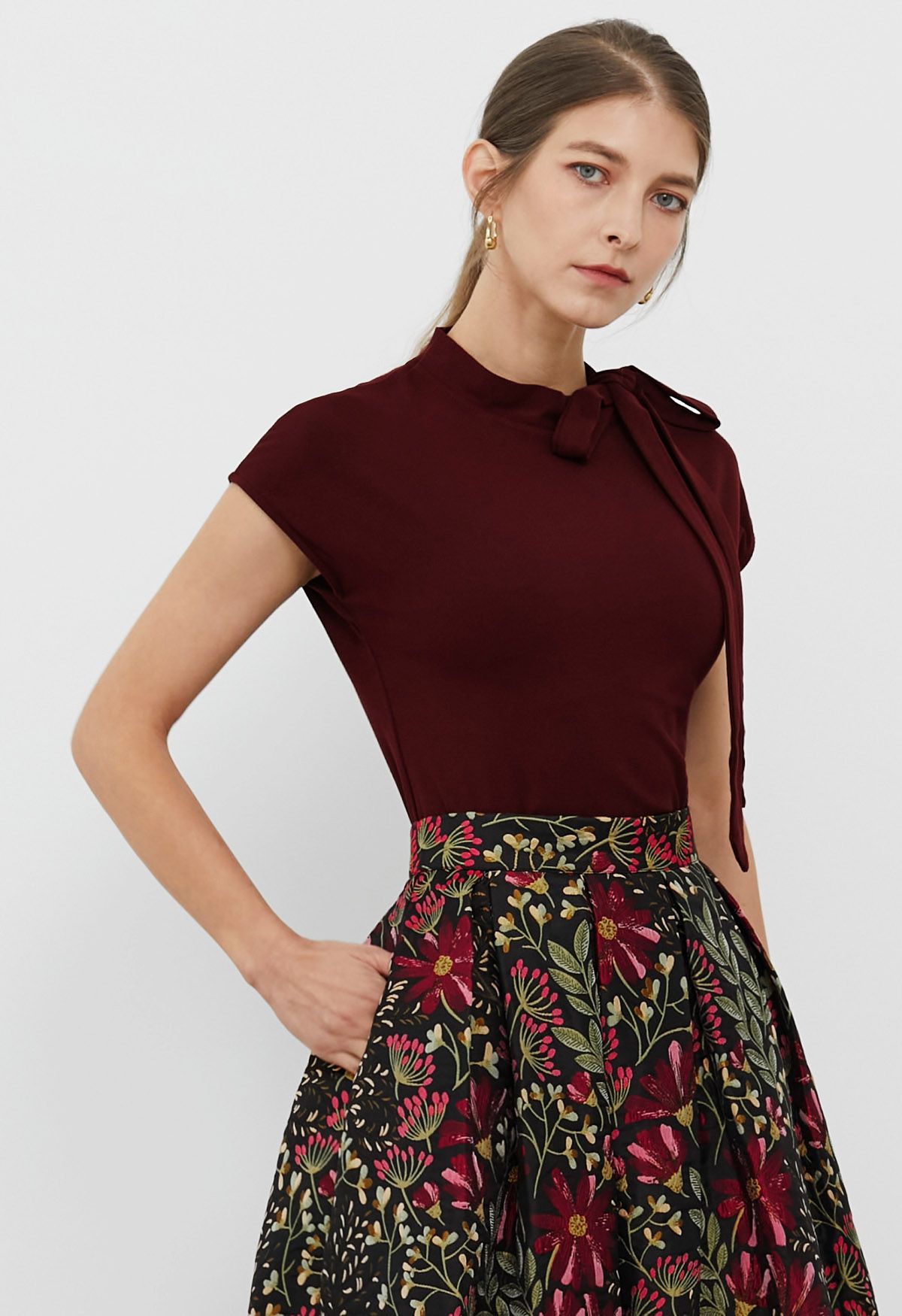 Bow-Tie Embellished Cap Sleeve Top in Burgundy