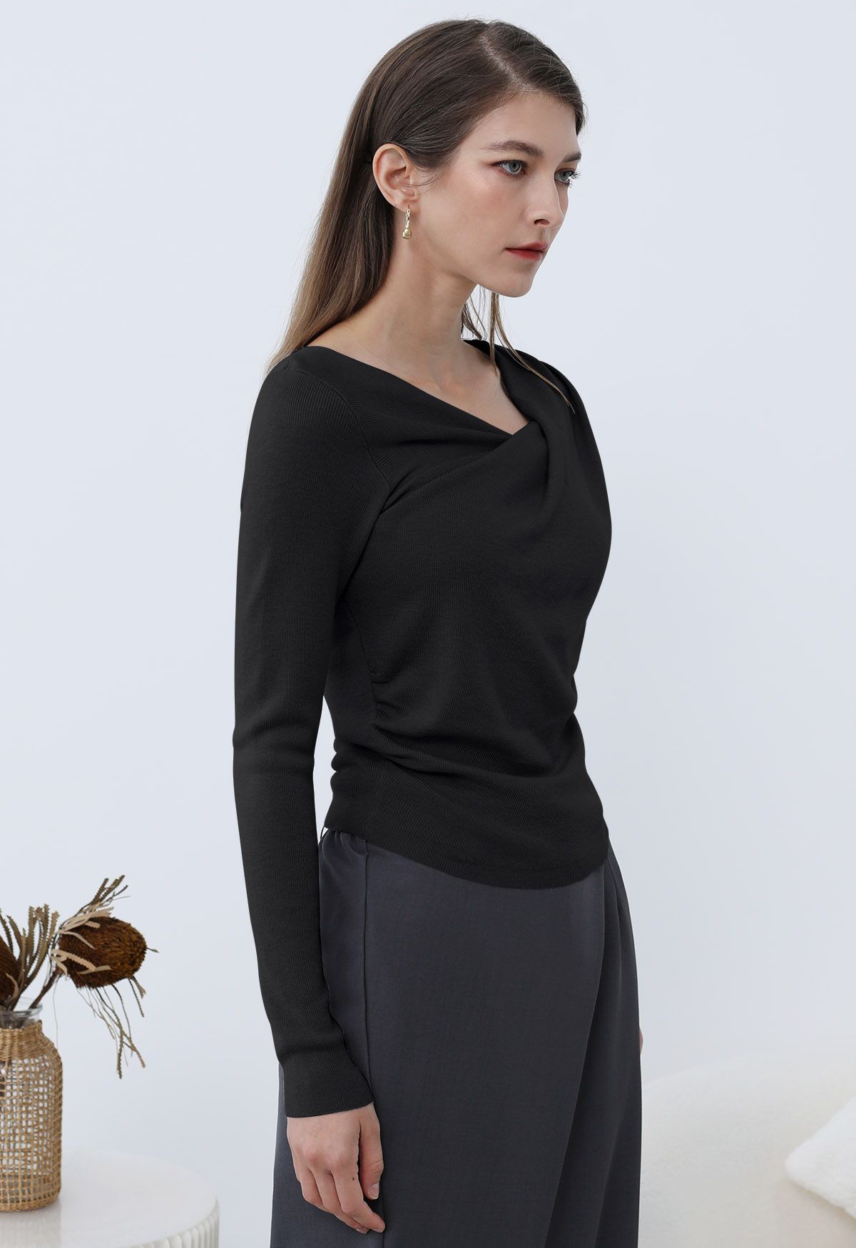 Gentle Crossover Long-Sleeve Knit Top in Black