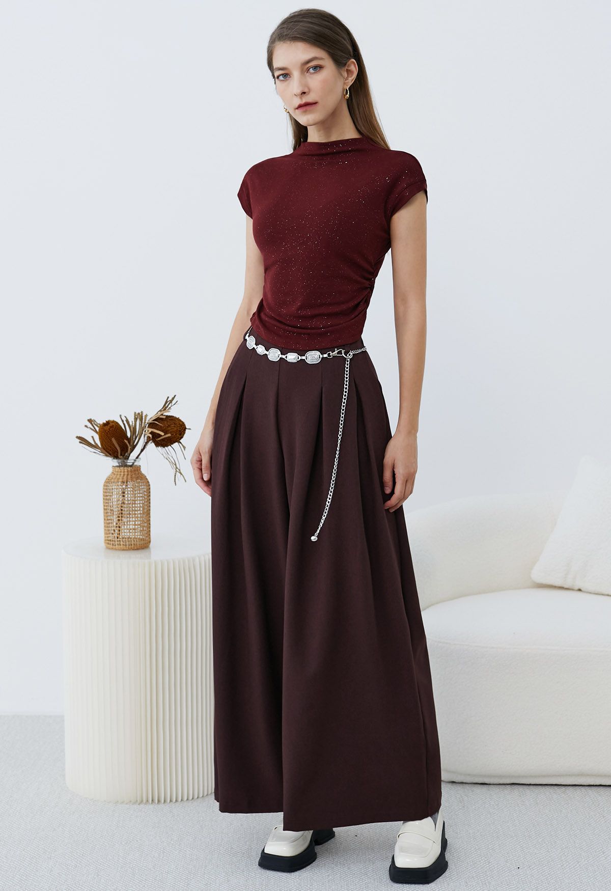 Chain-Embellished Pleated Palazzo Pants in Burgundy