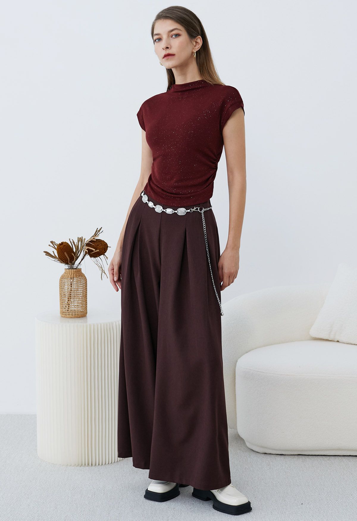 Chain-Embellished Pleated Palazzo Pants in Burgundy