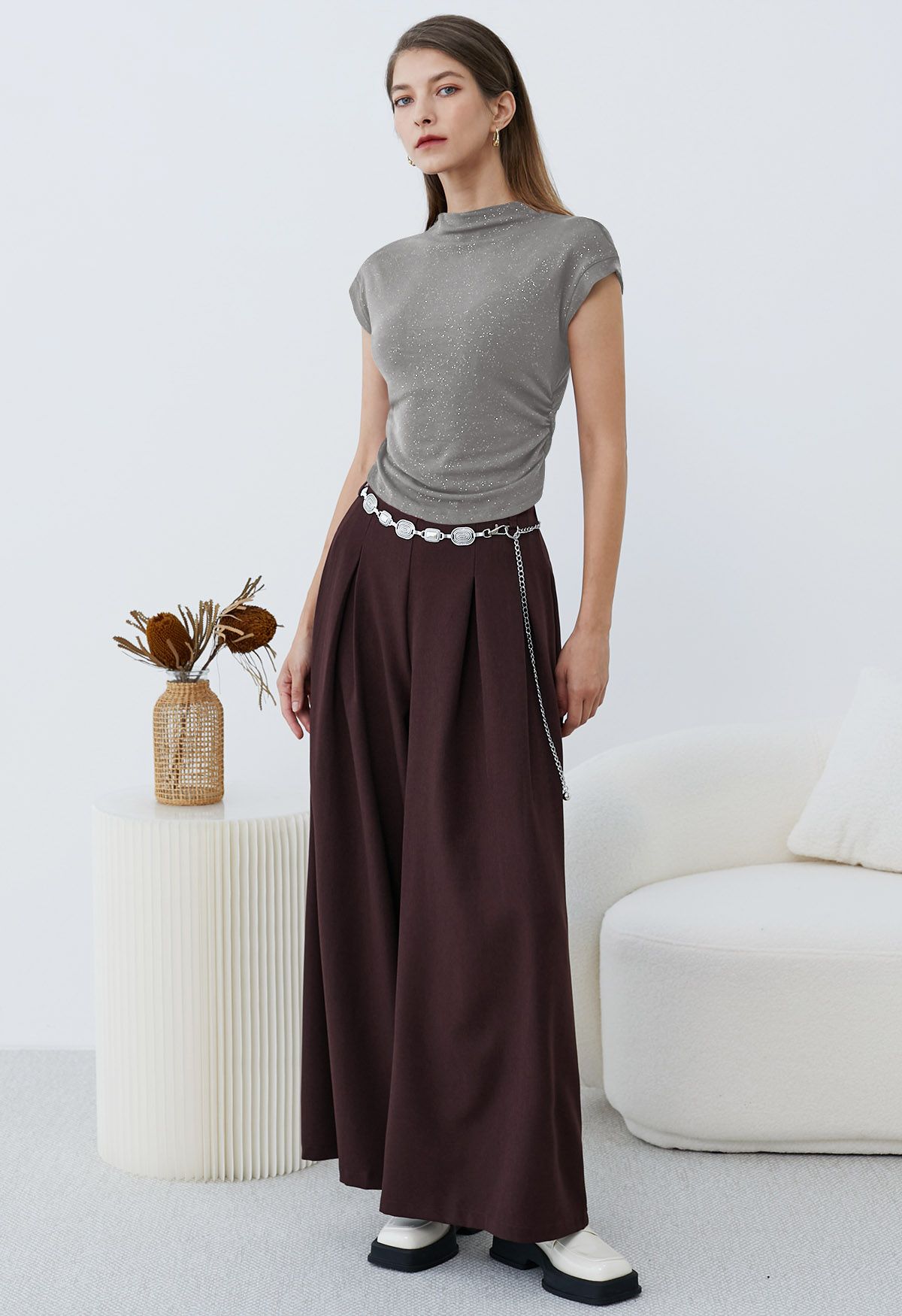 Shimmering Ruched Waist Cap Sleeves Top in Grey