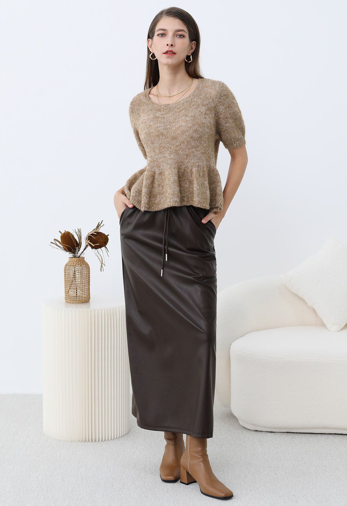 On-Duty Faux Leather Drawstring Shift Skirt in Chocolate