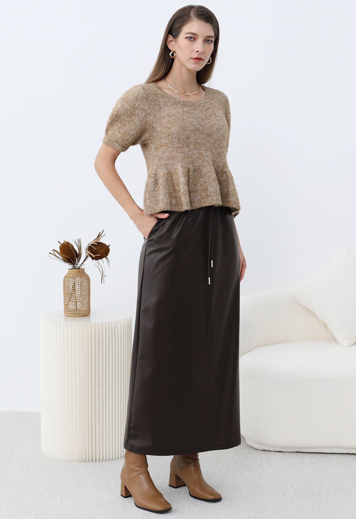 On-Duty Faux Leather Drawstring Shift Skirt in Chocolate