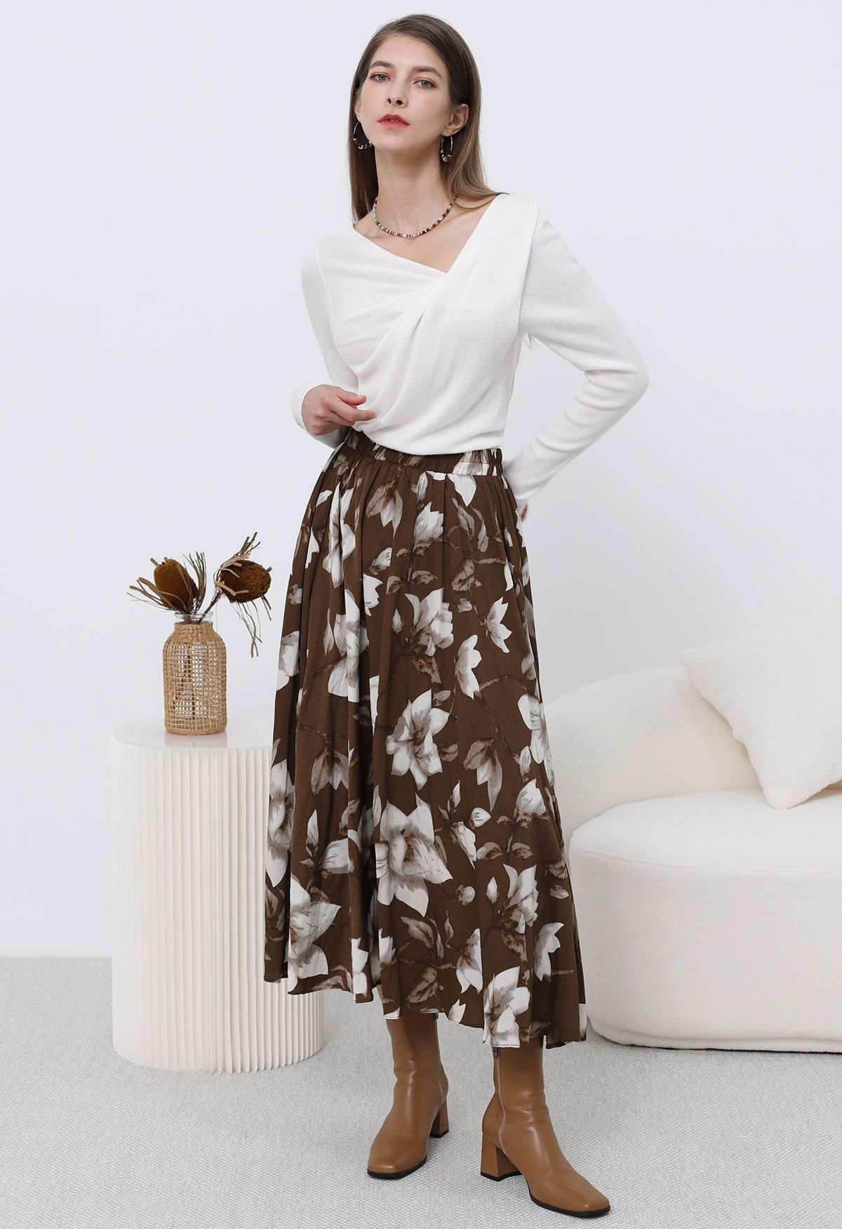 Magnolia Drift Pleated Midi Skirt 