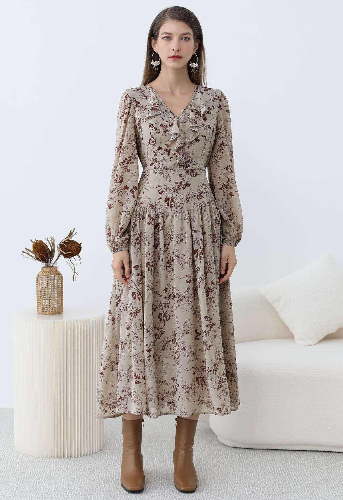 Serene Flower V-Neck Ruffle Chiffon Midi Dress in Taupe