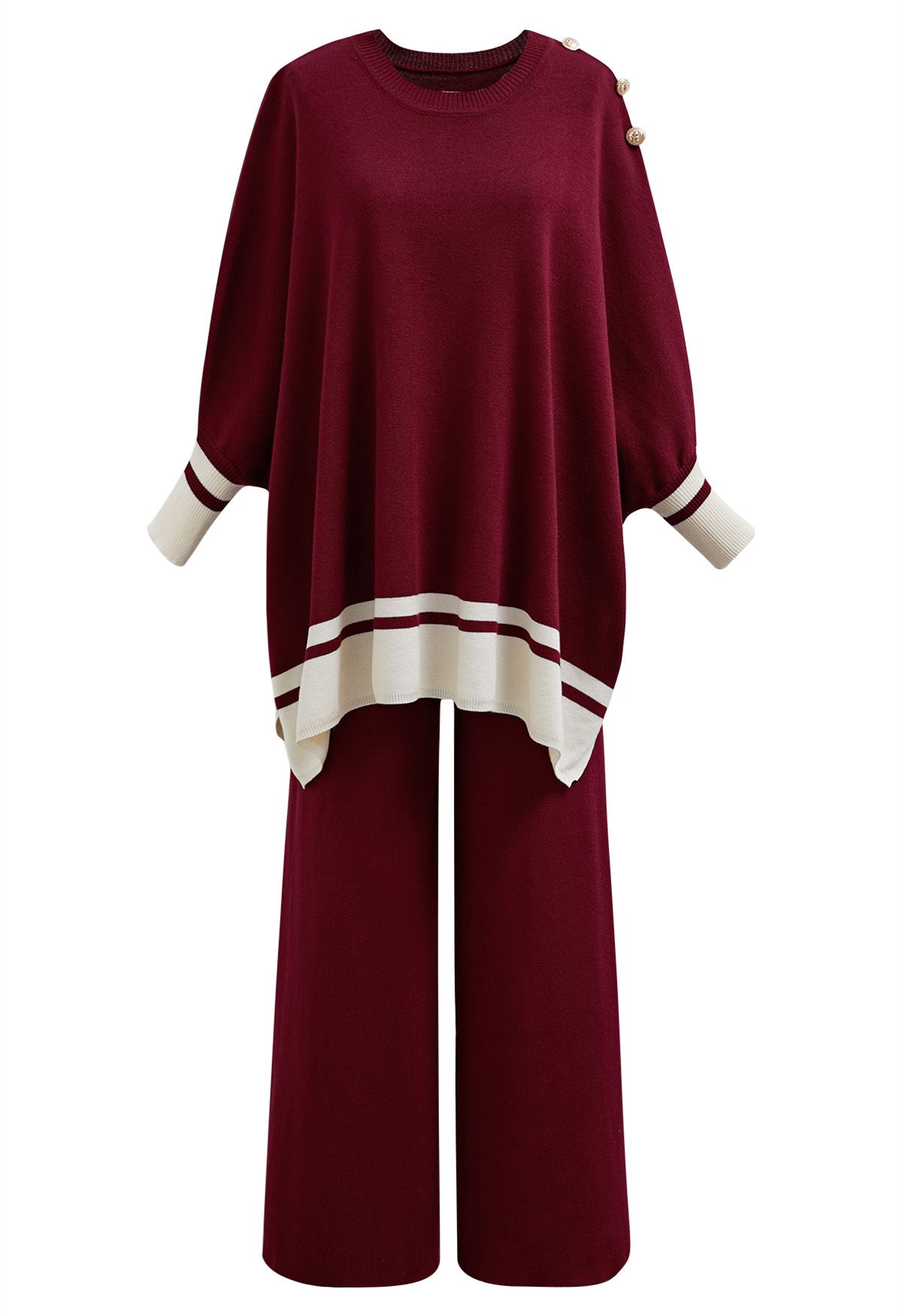 Contrast Detail Knit Poncho and Pants Set in Burgundy