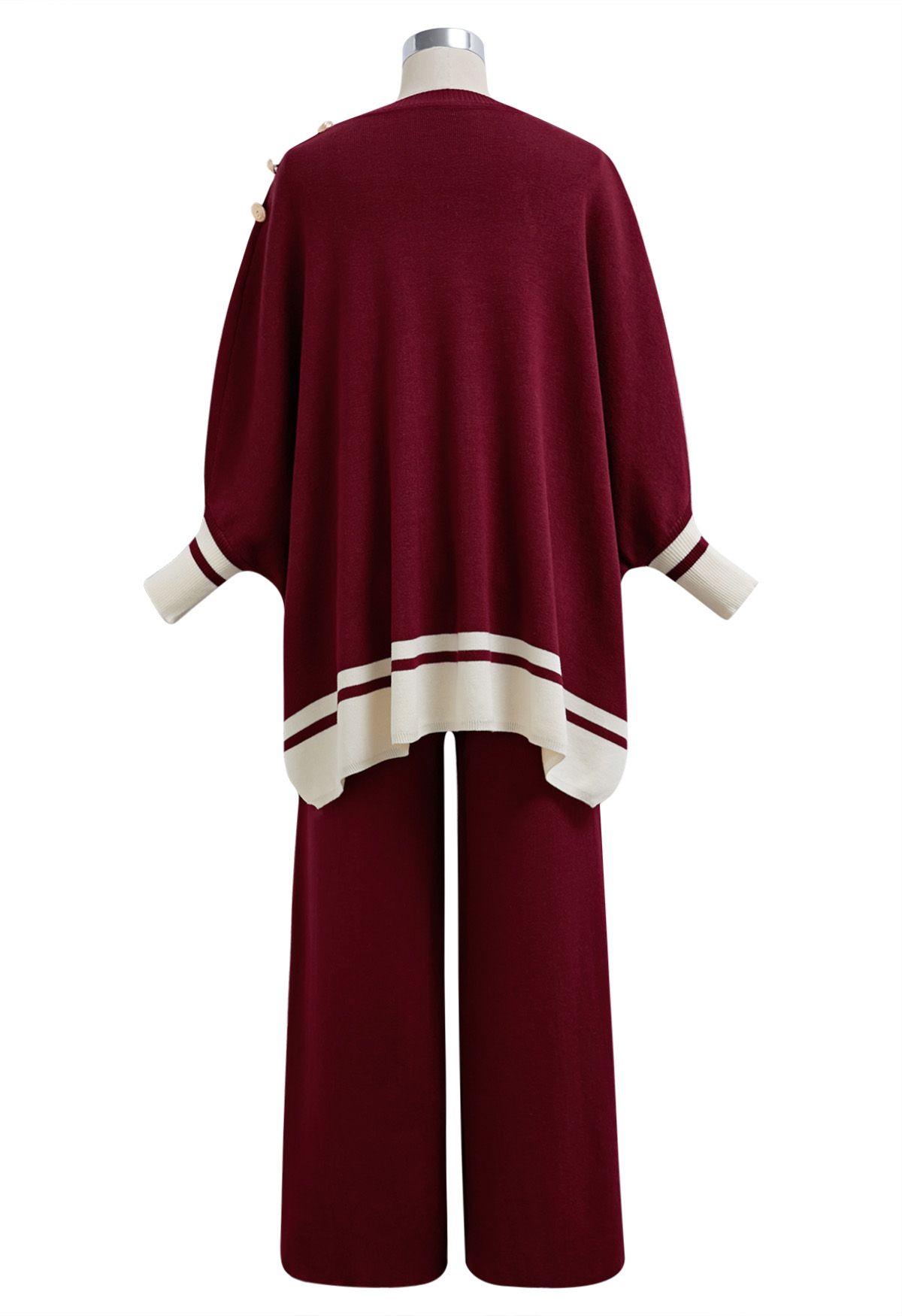 Contrast Detail Knit Poncho and Pants Set in Burgundy