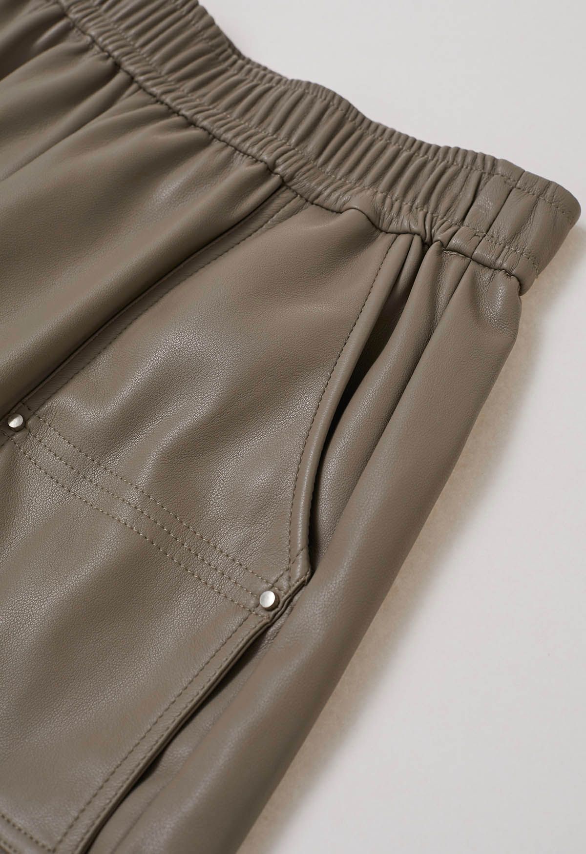 Patch Side Pocket Faux Leather Utility Shorts in Khaki