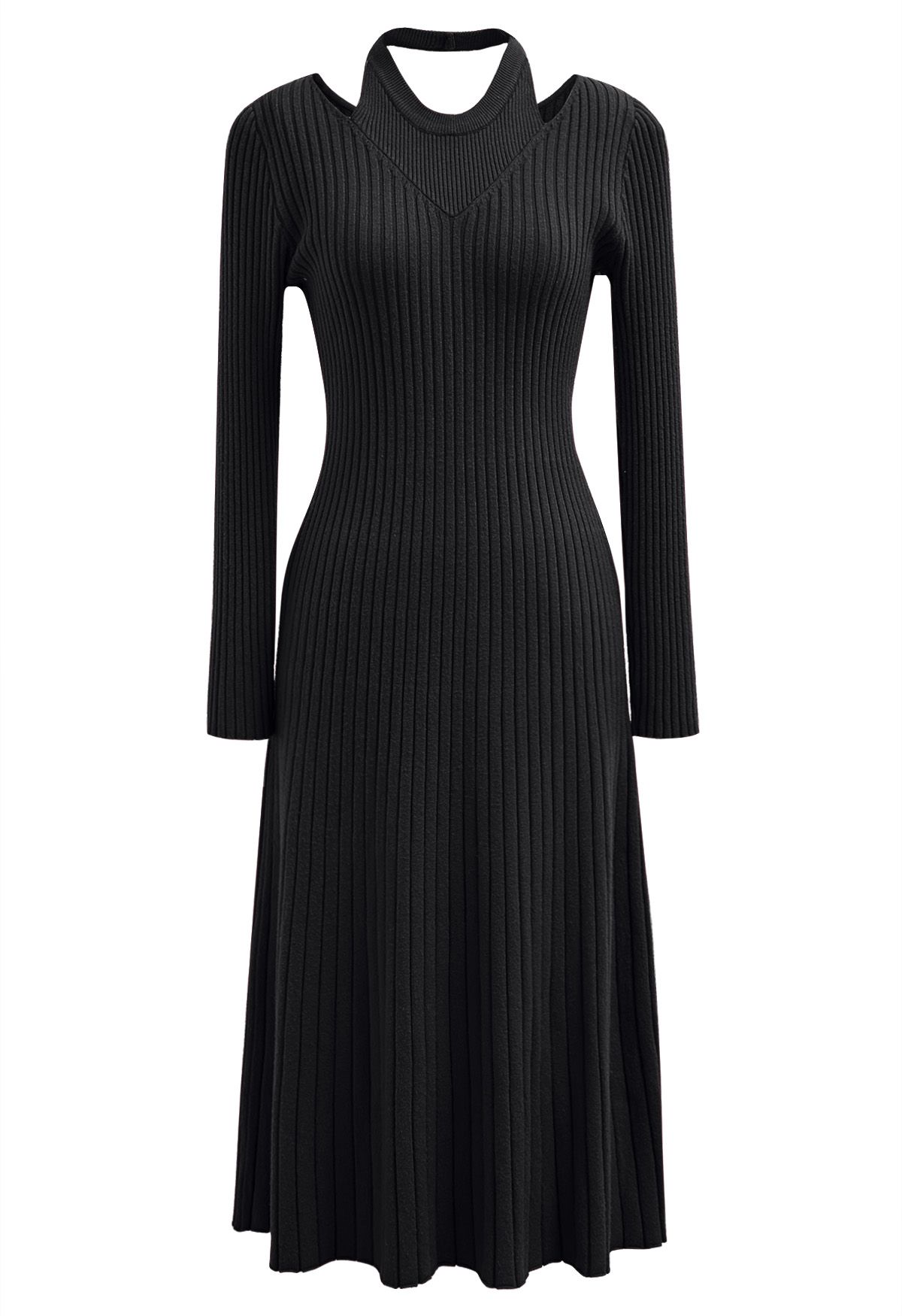 Cutout Neckline Ribbed Knit Midi Dress in Black