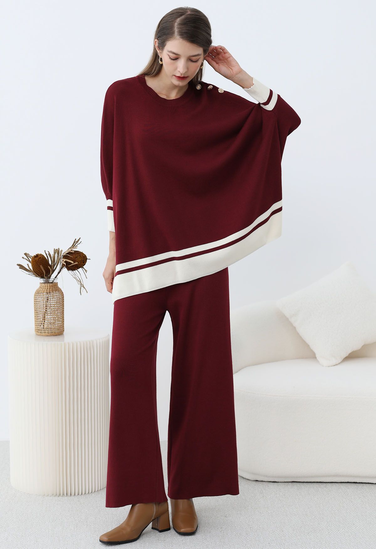 Contrast Detail Knit Poncho and Pants Set in Burgundy