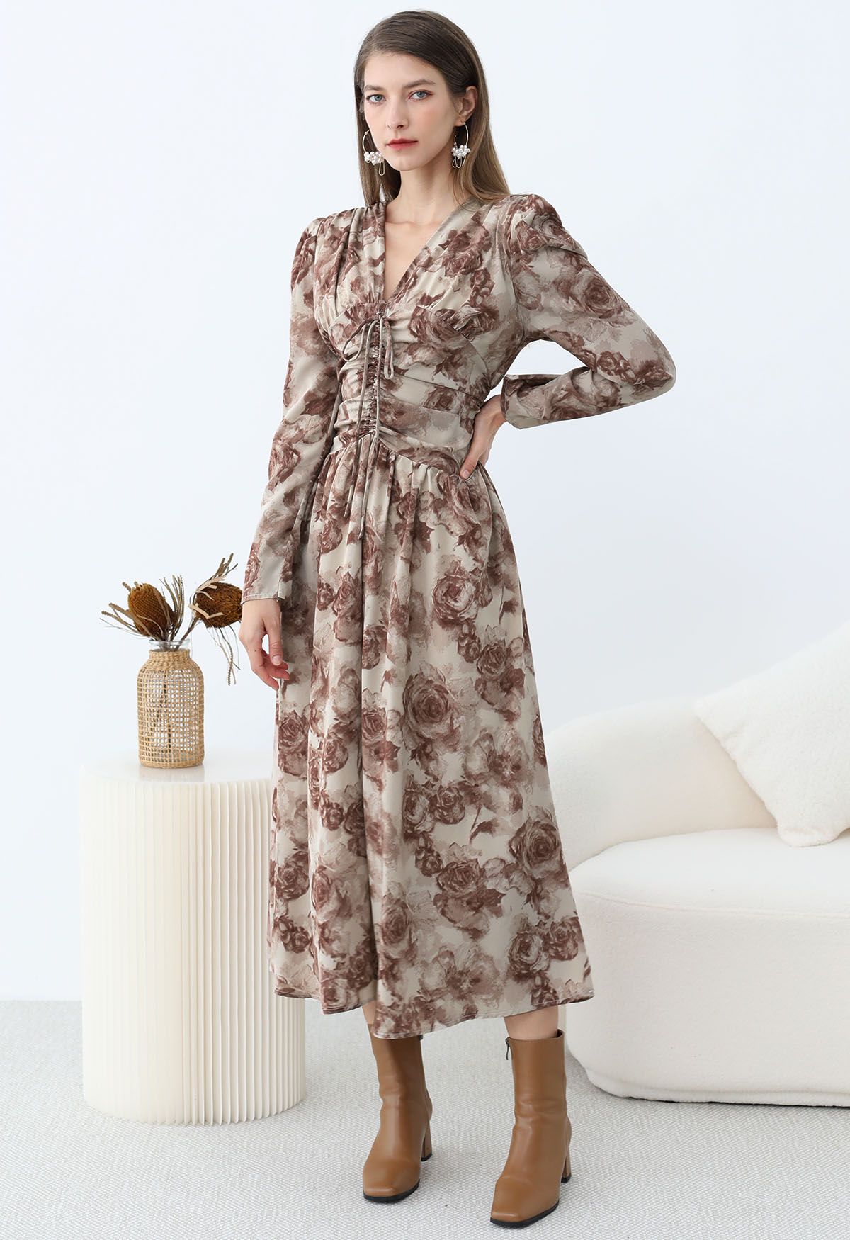 Rose Reverie V-Neck Drawstring Ruched Midi Dress