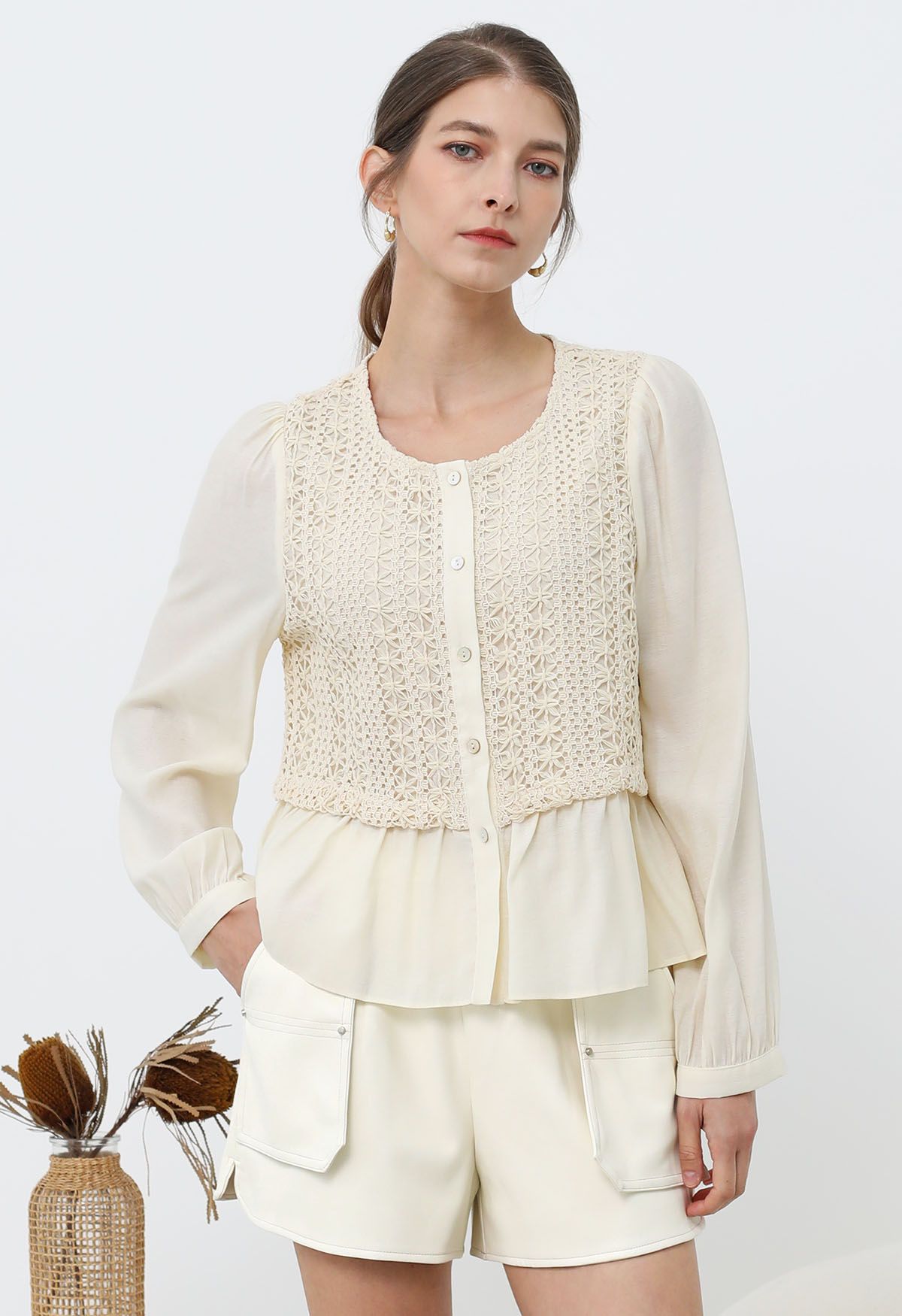 Comfy Touch Crochet Spliced Buttoned Shirt