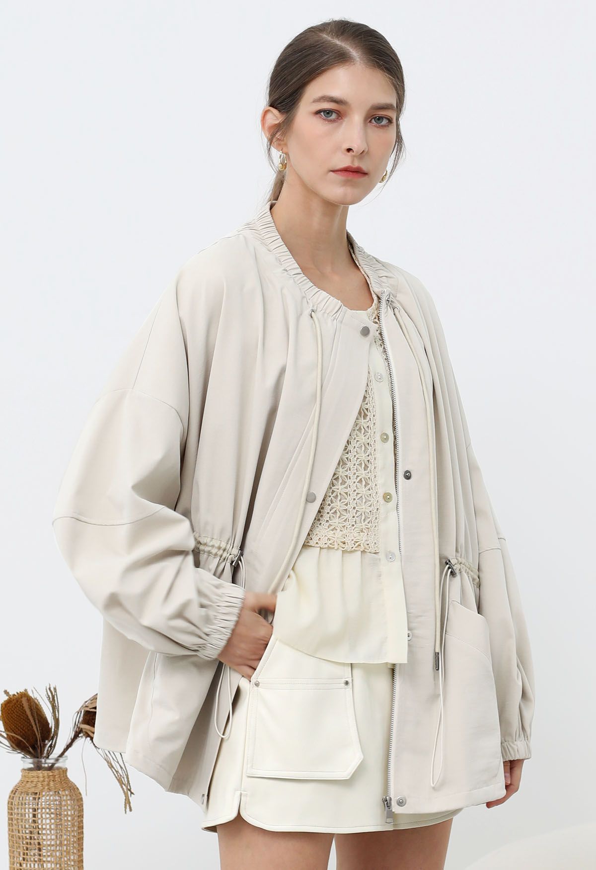 Laid-Back Side Pocket Drawstring Parka in Ivory