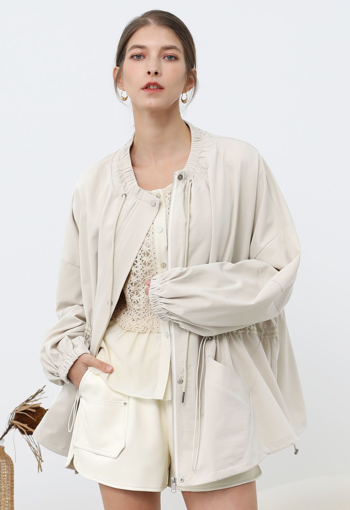 Laid-Back Side Pocket Drawstring Parka in Ivory