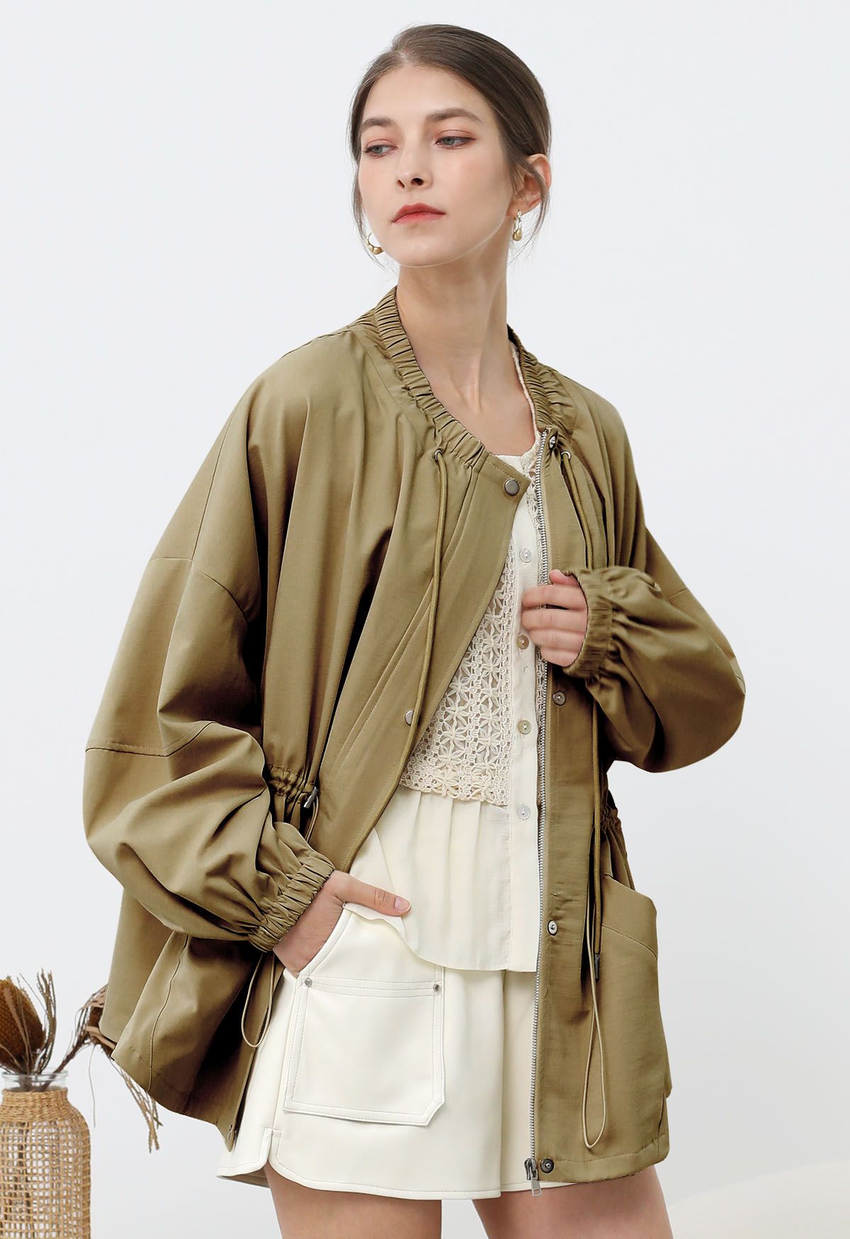 Laid-Back Side Pocket Drawstring Parka in Khaki