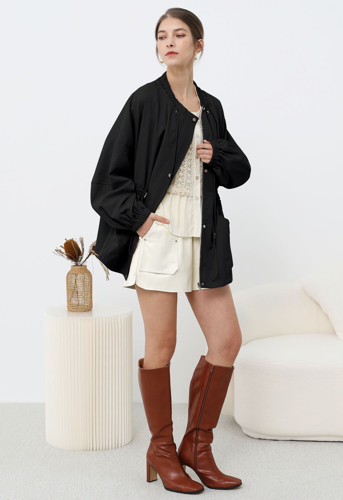 Laid-Back Side Pocket Drawstring Parka in Black