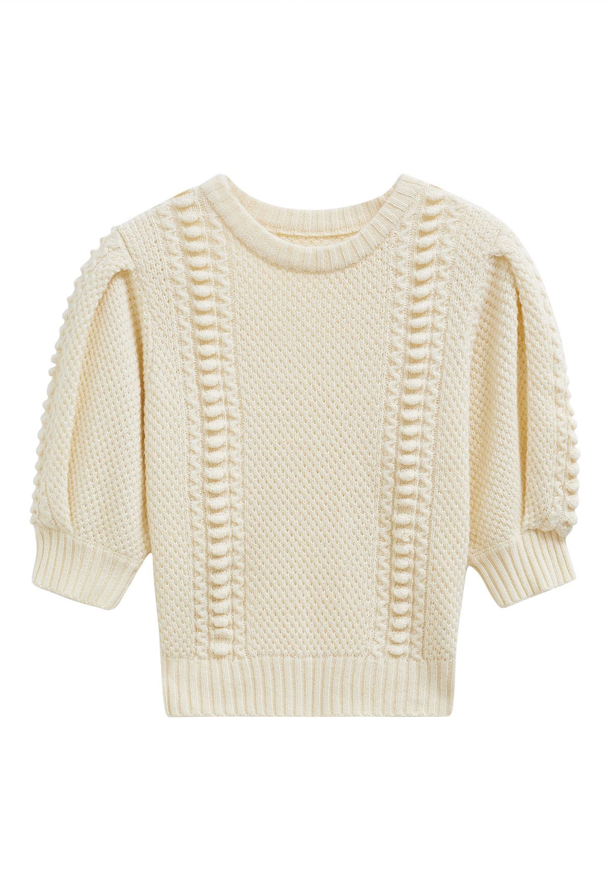 Embossed Texture Puff Sleeve Knit Sweater in Light Yellow